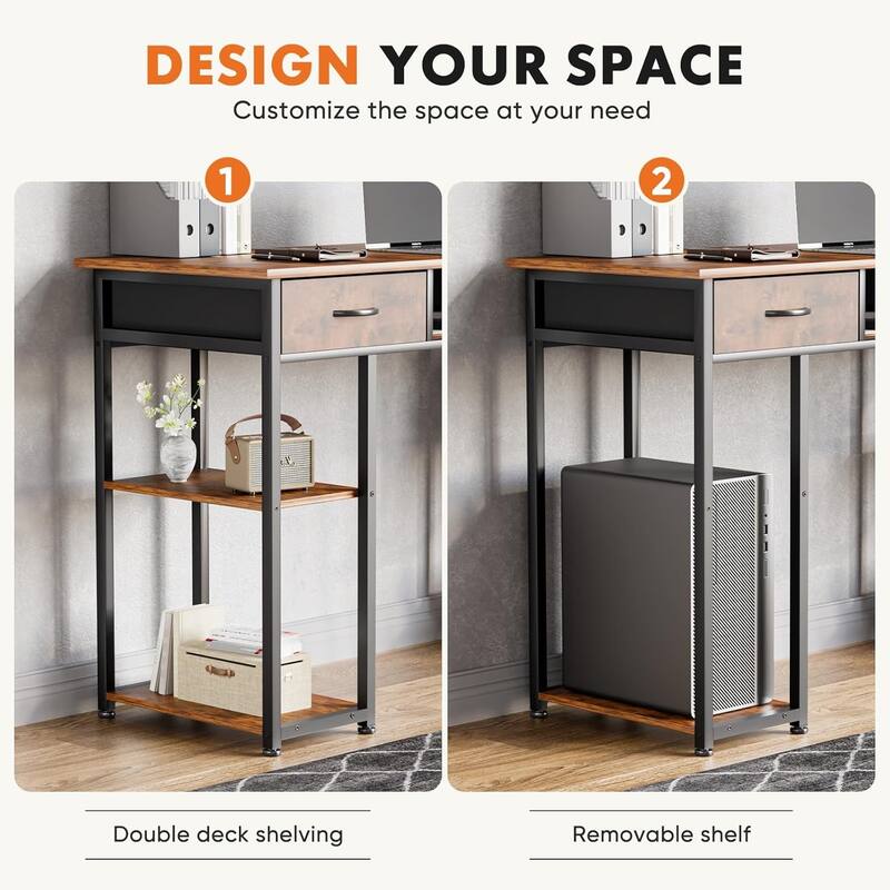 Computer Desk 48 Inch Home Office Bedroom Writing Study PC Table with Fabric Drawers Storage Shelves Space Side Bag