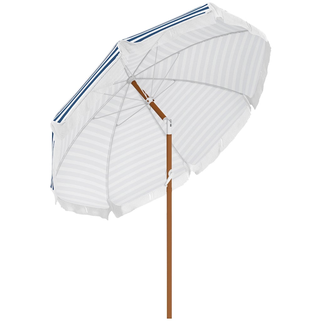 7x7 ft Tiltable Outdoor Patio Umbrella with Vented Canopy, Fringed Ruffles, and Flounce - Blue Strip