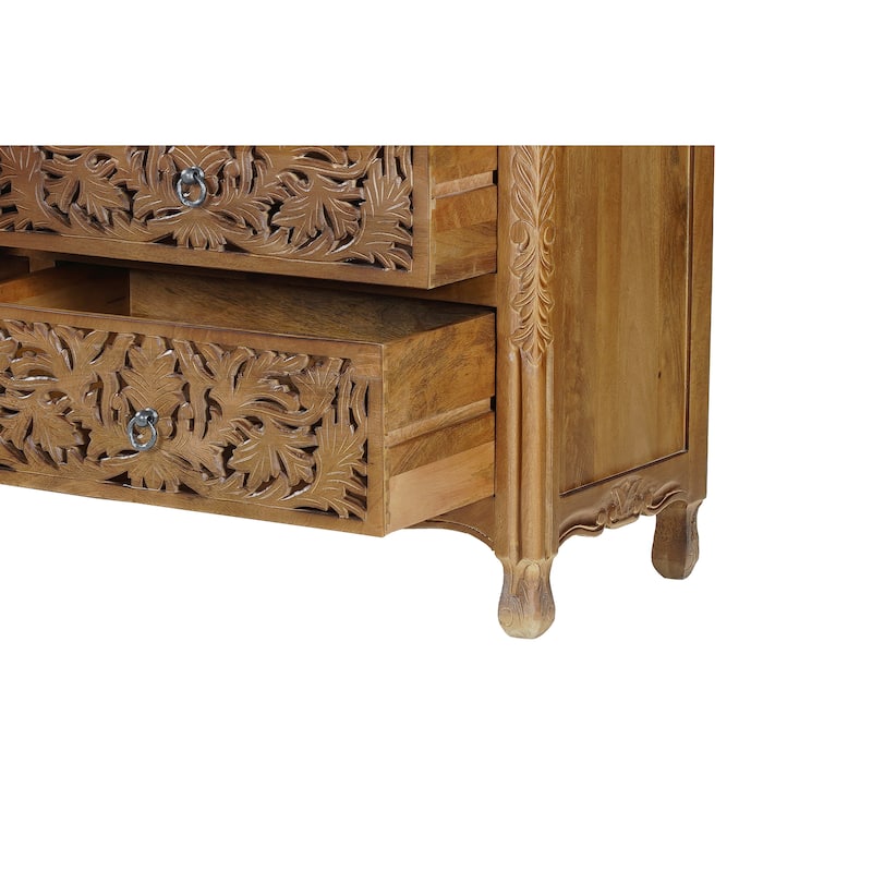 HomeRoots 57" Brown Carved Floral Solid Wood Seven Drawer Dresser