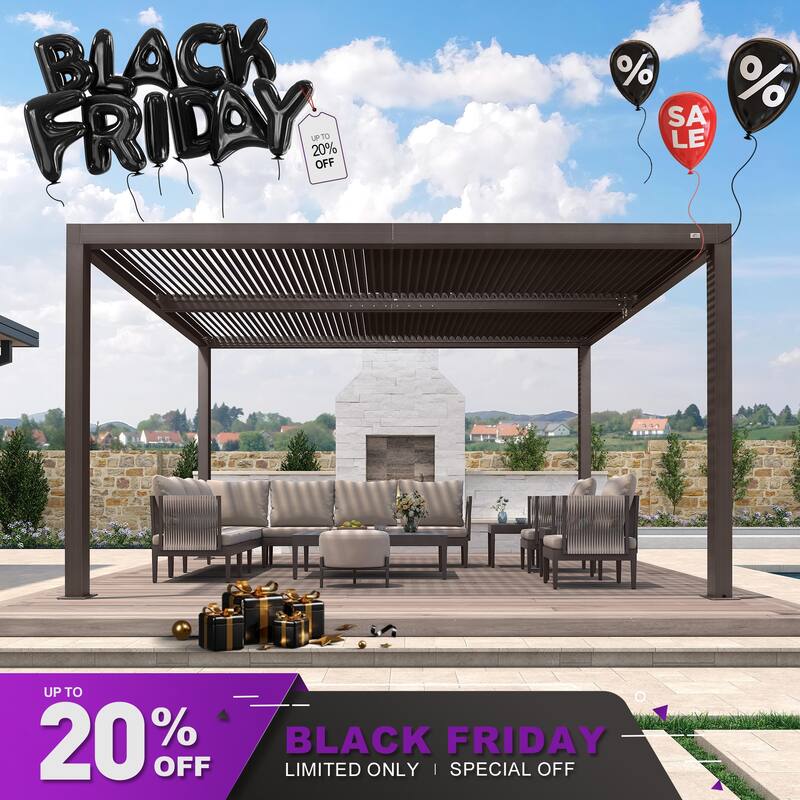 PURPLE LEAF Bronze Louvered Pergola with Adjustable Roof for Deck Backyard Garden Hardtop Gazebo