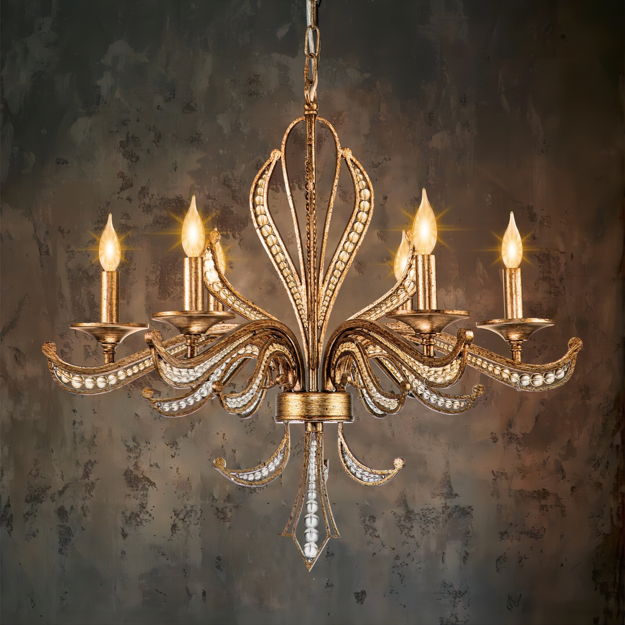 6 Light Mid Century Modern Transitional Antique Silver Round Hand Beaded Crystal Candle Large Chandelier