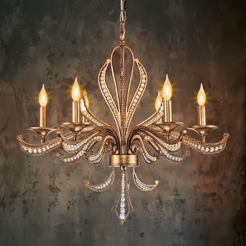 6-Light Mid-Century Modern Transitional Antique Silver Round Hand-Beaded Crystal Candle Large Chandelier