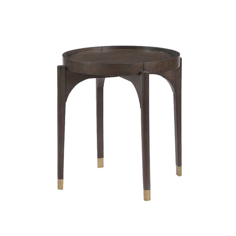 Azy Side End Table, 24 Inch Round Top, Gold Capped Legs, Dark Brown