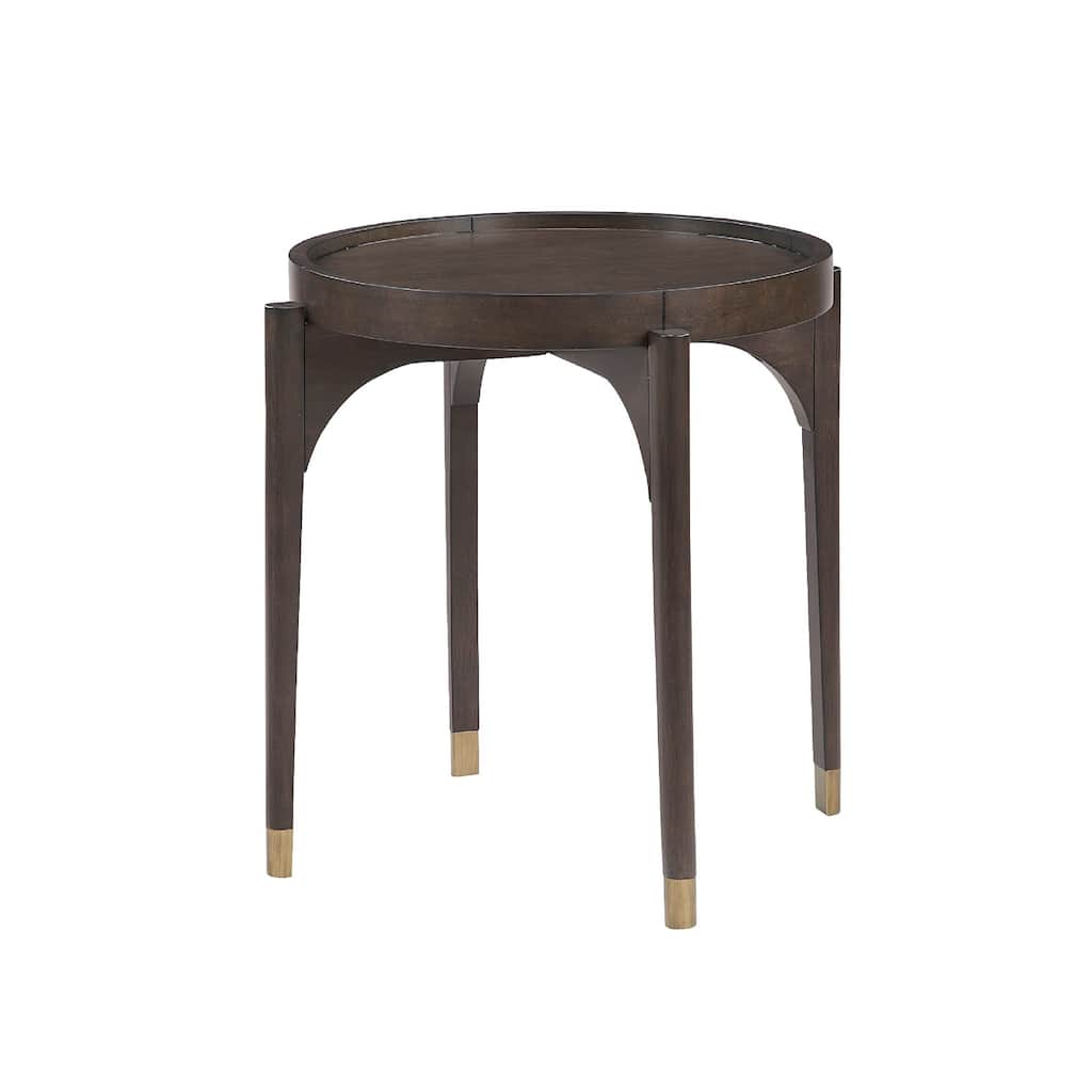 Azy Side End Table, 24 Inch Round Top, Gold Capped Legs, Dark Brown