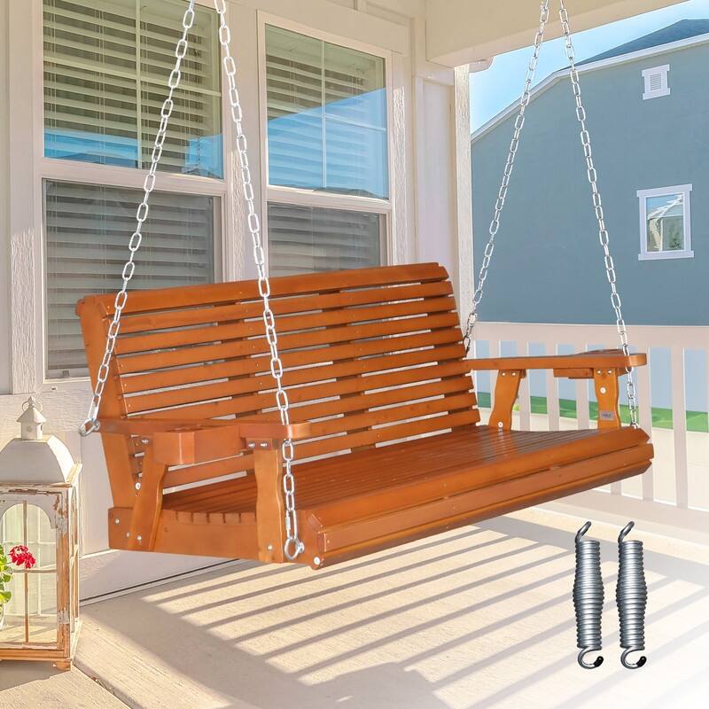Brown Wood Porch Swing with Cup Holders and Phone Slot - N/A