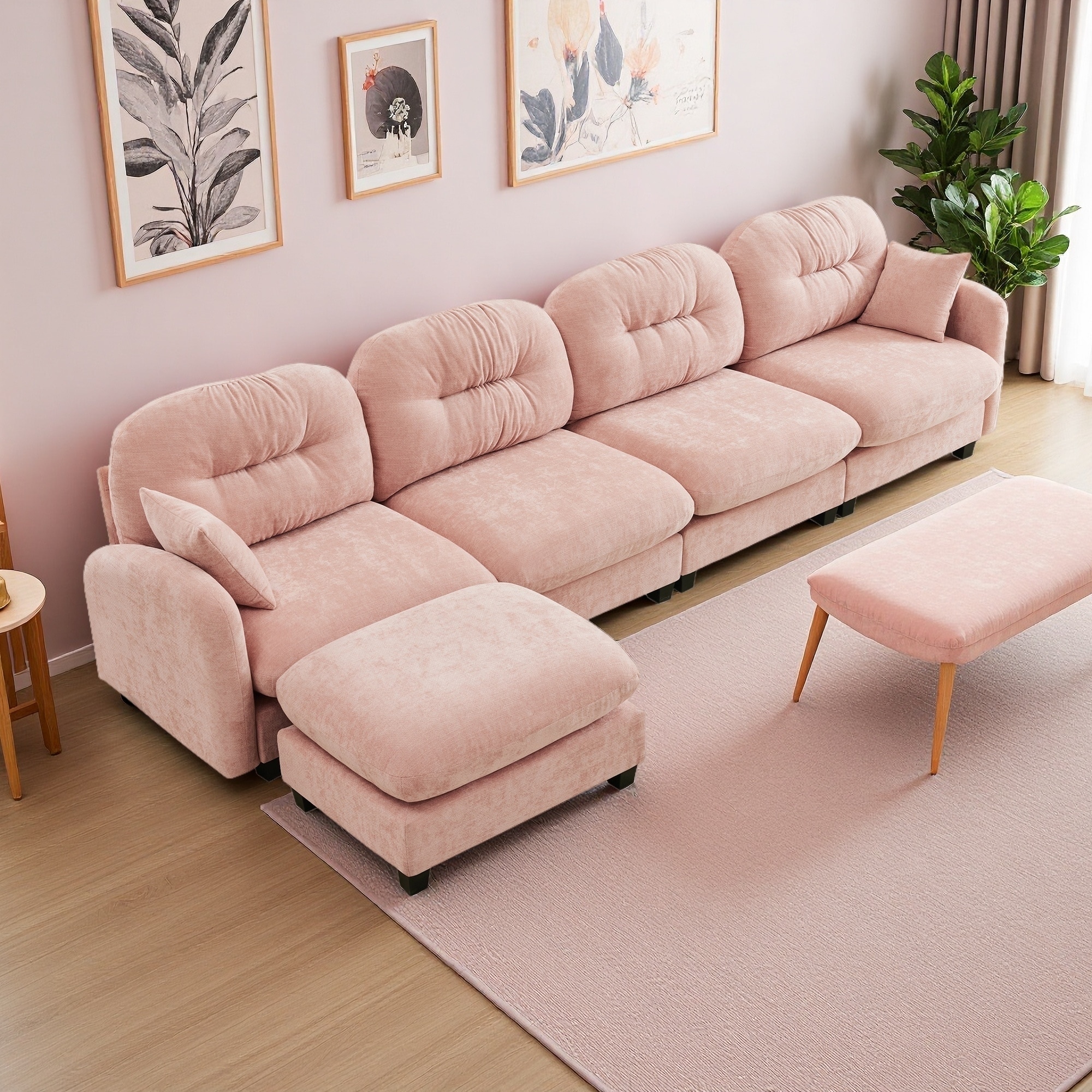 140" Chenille Modular L-Shaped Sectional Sofa with Ottoman & Tufted Backrest