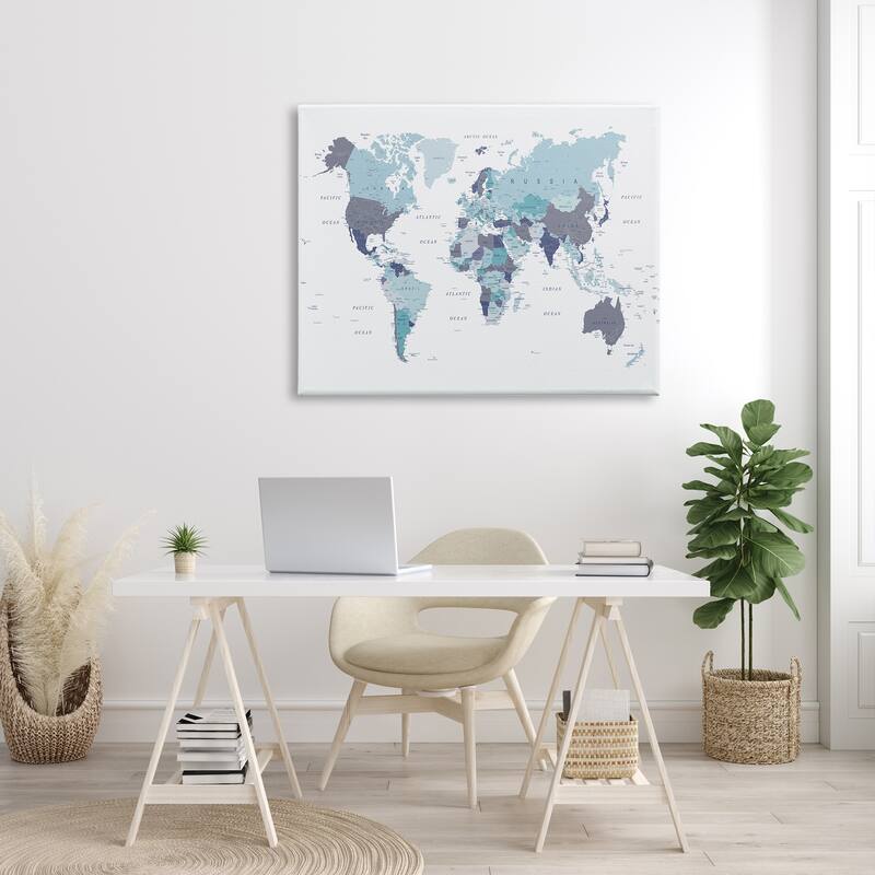 Stupell World Map with Labels Monochromatic Blue Regions Canvas Wall Art