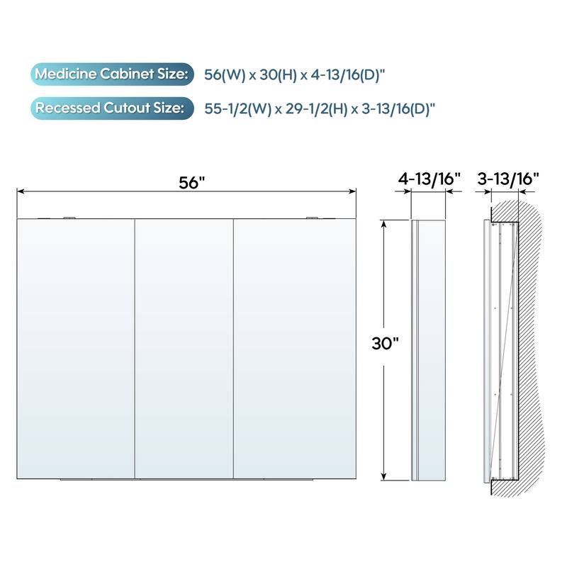 52''/56''W X 30''H Recessed Or Surface Wall Mount Bathroom Medicine Cabinet With Adjustable Glass Shelves
