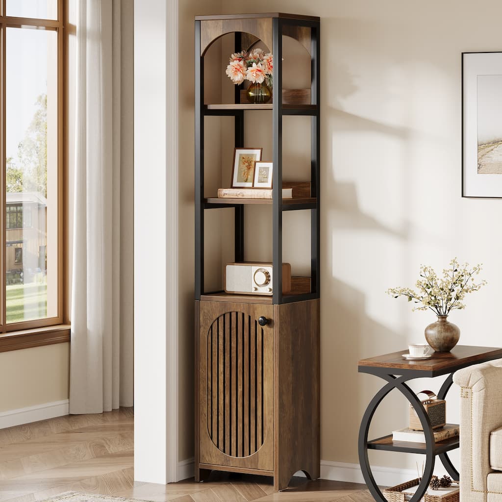 6-Tier Narrow Bookcase with Louvered Door Cabinet for Small Space