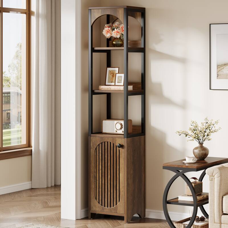 70.87" Tall Narrow Bookshelf with Louvered Door Cabinet, Industrial Corner Shelf for Living Room