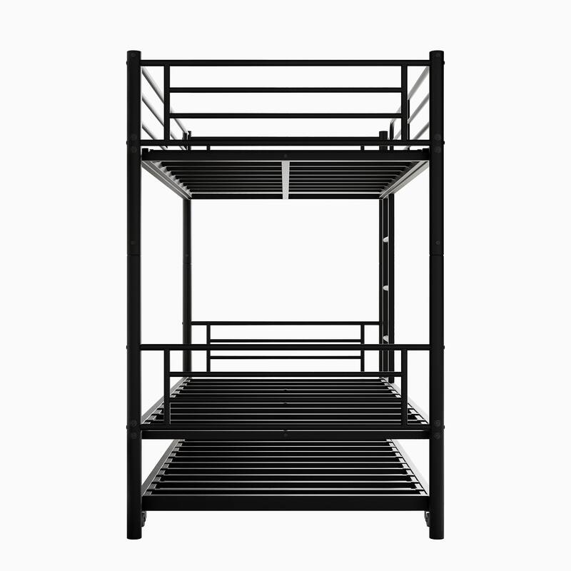 Twin Over Twin Metal Bunk Bed with Trundle and Guardrails, Space-Saving Frame