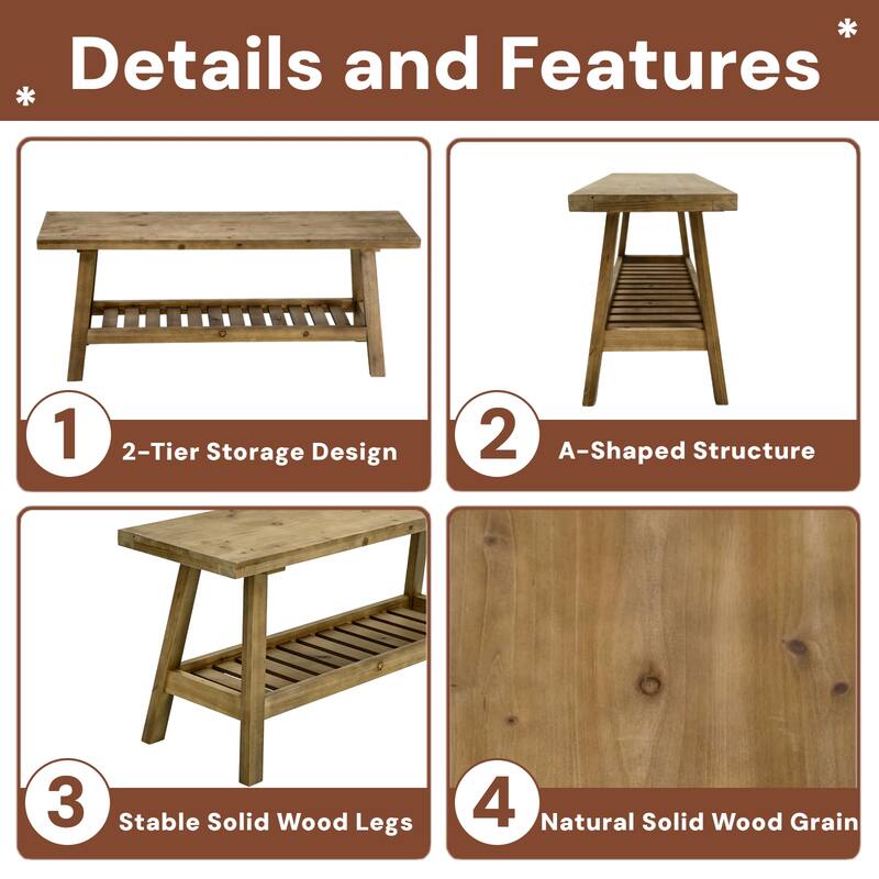 43" Farmhouse Wood Bench, 2-Tier Entryway Bench, Narrow Rustic Storage Bench with Open Storage Shelf for Entryway, Hallway
