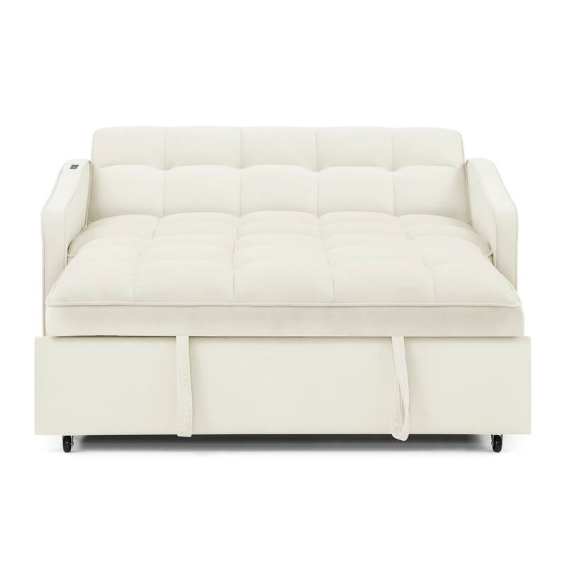53" Foam Adjustable Loveseat Sofa Bed with Pull-Out Bed, USB/Type-C Charging, Copper Nail Trim, and Arm Storage Pockets