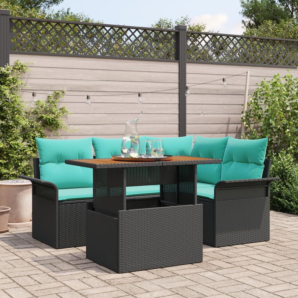 vidaXL 5 Piece Garden Sofa Set with Cushions Black Poly Rattan - 73.8×52.2×27.2