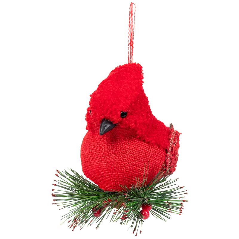 6.5" Red Burlap Cardinal with Pine Needles Berries Christmas Ornament