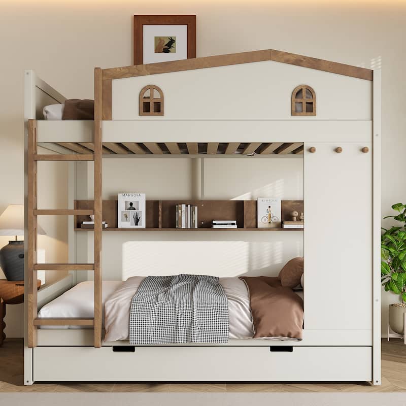 House-shaped Bunk Bed with Hooks, Storage Shelves, Safety Guardrails and Optional with Underbed Drawers or Trundle Bed