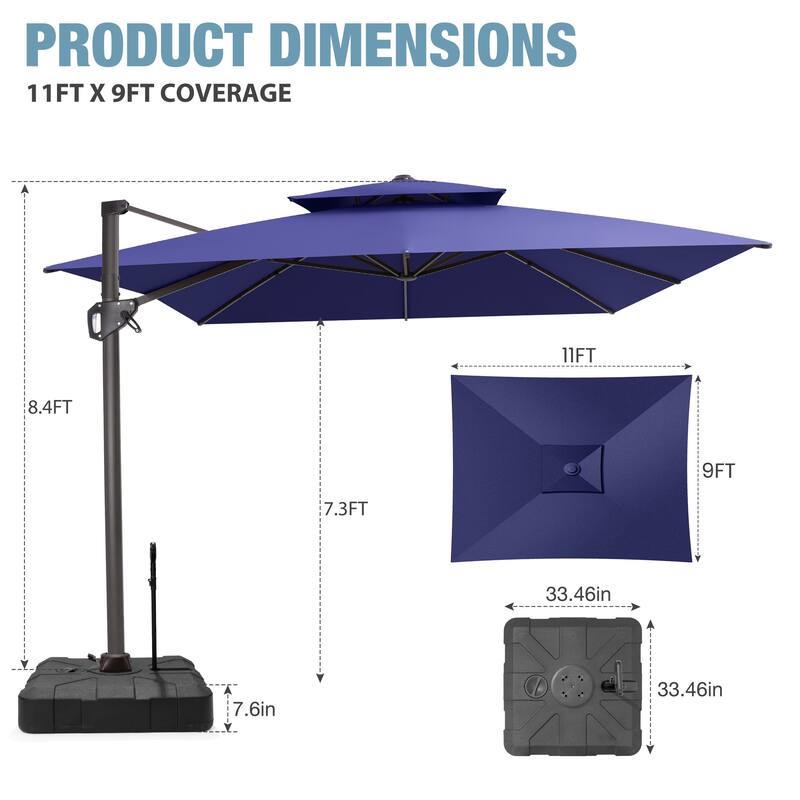 VredHom Patio Outdoor 9 x 11 FT Double Top Cantilever-Offset Umbrella with Rod Wheel Base