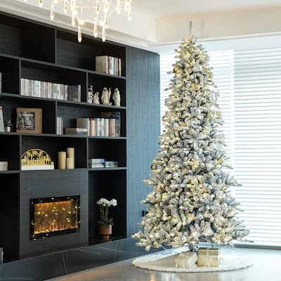 Glitzhome 10Ft Pre-Lit Deluxe Artificial Flocked Fir Christmas Tree - 120"H x 62"D