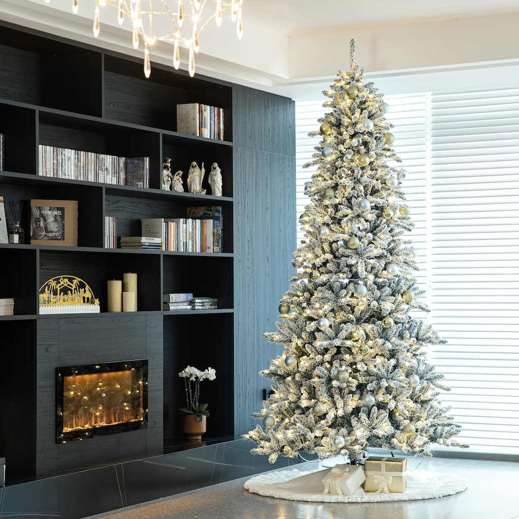 Glitzhome 10Ft Pre-Lit Deluxe Artificial Flocked Fir Christmas Tree with Warm White Lights