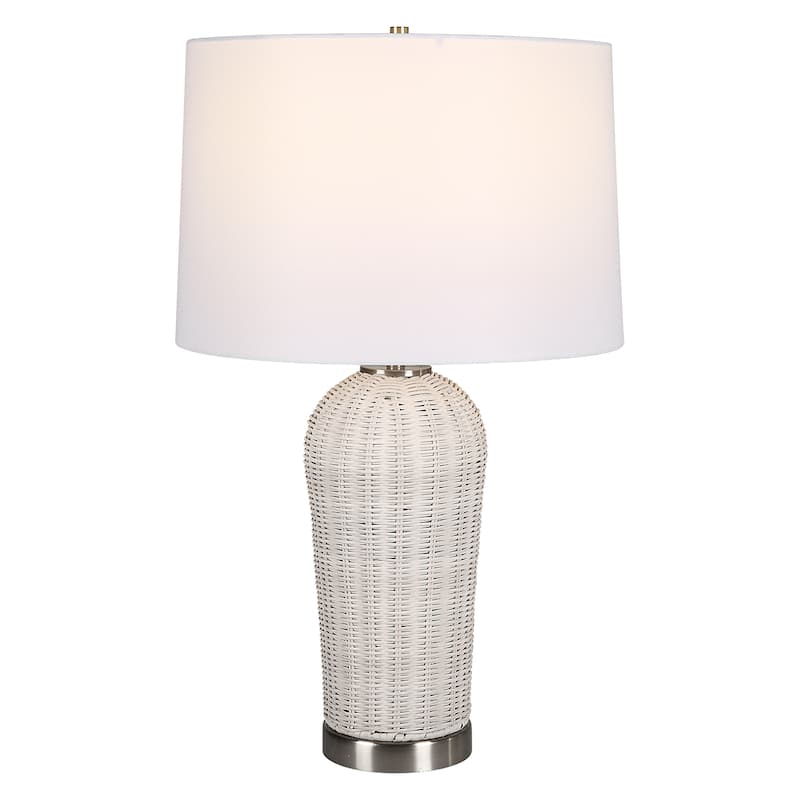 The Gray Barn White Woven Rattan Table Lamp with Nickel Accents