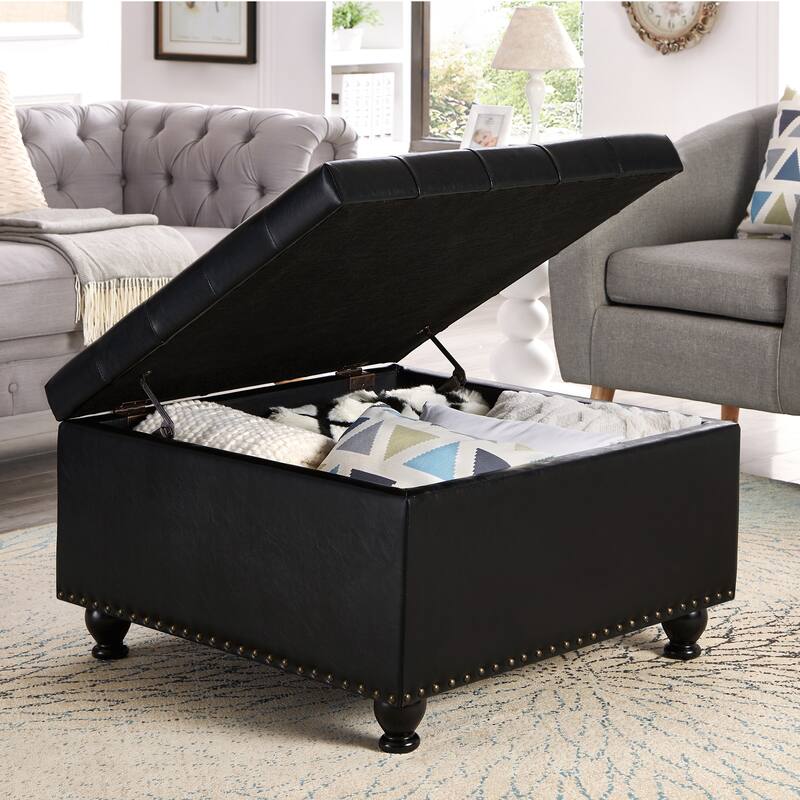 Large square storage ottoman with wooden legs, Upholstered button tufted coffee table with nail trims,Linen