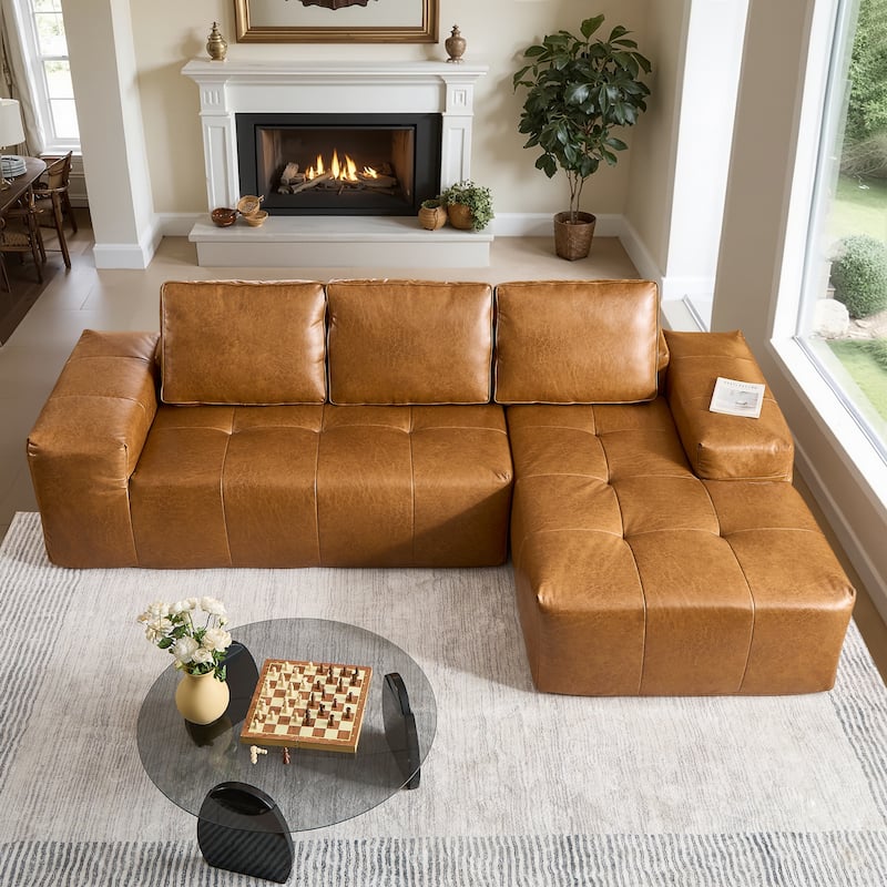 HOOOWOOO Mid-Century Modern Upholstery Fabric L-shaped Sectional Sofa - Right Chaise-Brown
