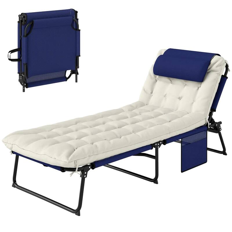 Folding Chaise Lounge Chair,4-Pos Recliner,Cushion,Pocket,Headrest