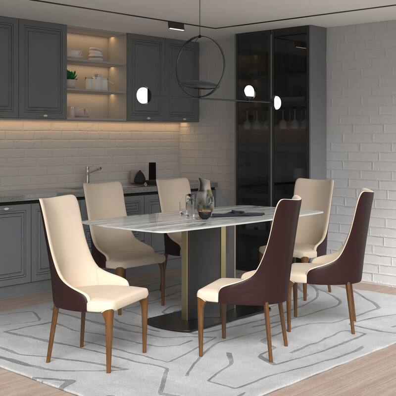 7-Piece Dining Set with 55-Inch Sintered Stone Dining Table and 6 Velvet/Leather Accent Side Chairs