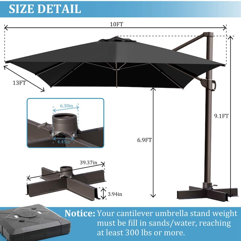 VredHom 10X13 FT Patio Outdoor Cantilever-Offset Umbrella with Base Stand