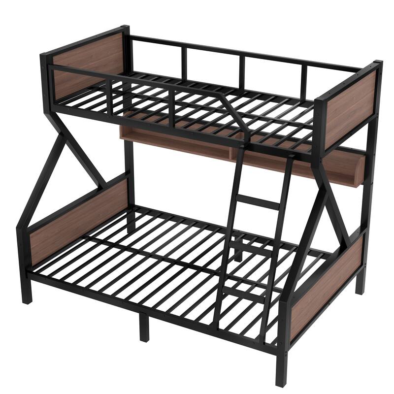 Twin over Full Bunk Bed, Metal Bunk Bed with Storage Shelves and Lights, Space-saving & Noise-free Design, Black