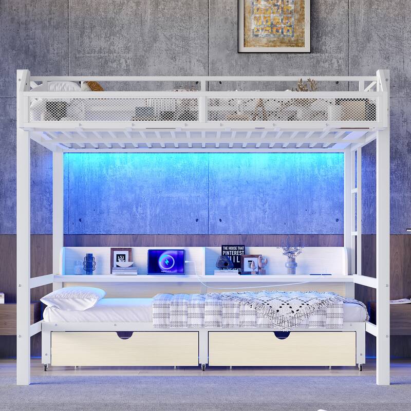 Multifunctional Queen over Queen Bunk Bed with USB Ports, LED Lights, Storage Shelves and Drawers, Lower Bed Converted into Sofa