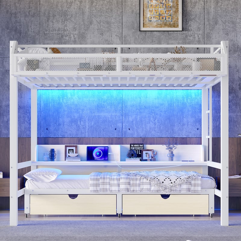 Queen over Queen Bunk Bed with Storage Shelves & Drawers, USB Ports & LED Lights, Convertible Sofa Lower Bed