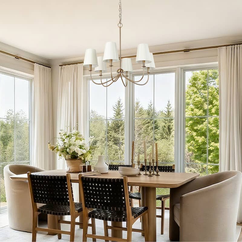 Mid-Century Modern Gold 6-Light Wheel Chandelier with Fabric Shade for Dining Room - 27" D x 24.5" H