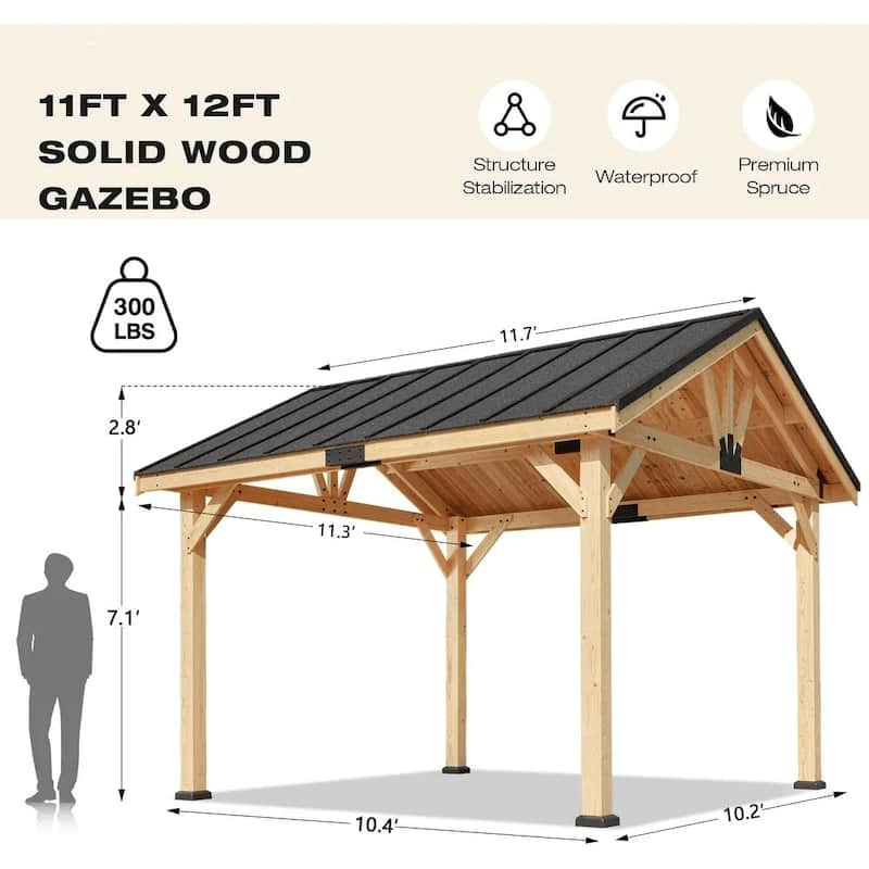 Hardtop Wood Gazebo for Patio, Outdoor Cedar/Spruce Pergola with Metal or Asphalt Roof, All-Weather Backyard Shelter