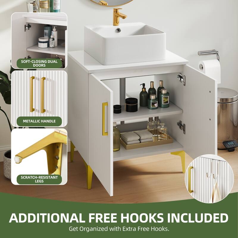 Freestanding Bathroom Vanity with White Stone Top Soft Close Doors and Gold Accents