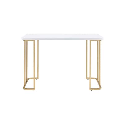 White Wood Writing Desk with Gold Metal Sled Base and Reversible Design