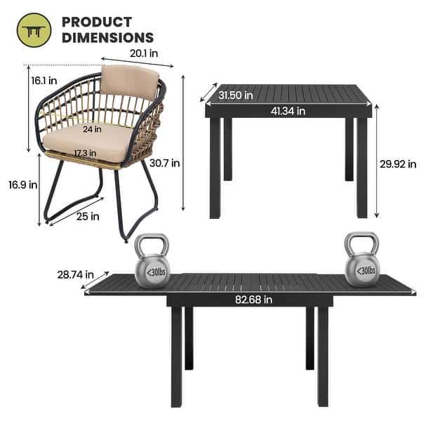 dimension image slide 6 of 10, 5/7/11-Piece Set Outdoor Aluminum Extendable Patio Dining Set Rectangle Table with Rattan Chairs