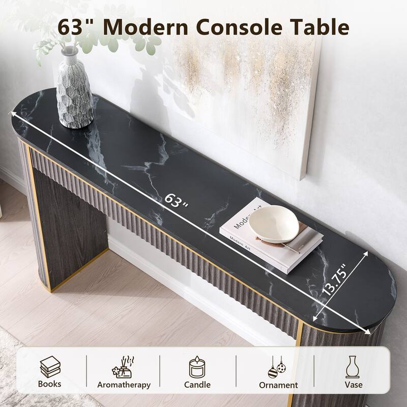 Modern 63" Fluted Console Table, Faux Marble Texture Top, Entry Table