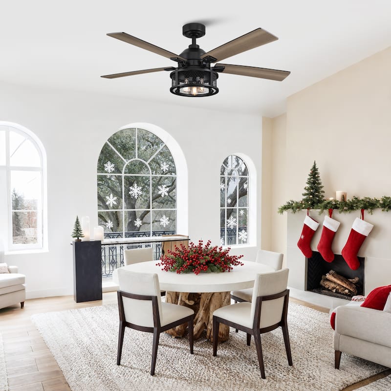 52" Industrial Reversible Wood 5-Blade Black Ceiling Fan with Light and Remote