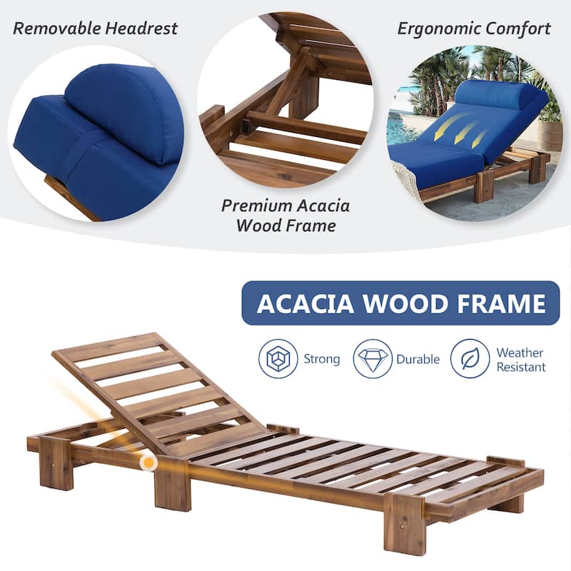 78.8"Patio Chaise Lounge Chair, Acacia Wood Adjustable Recliner with Headrest and Retractable Side Tray