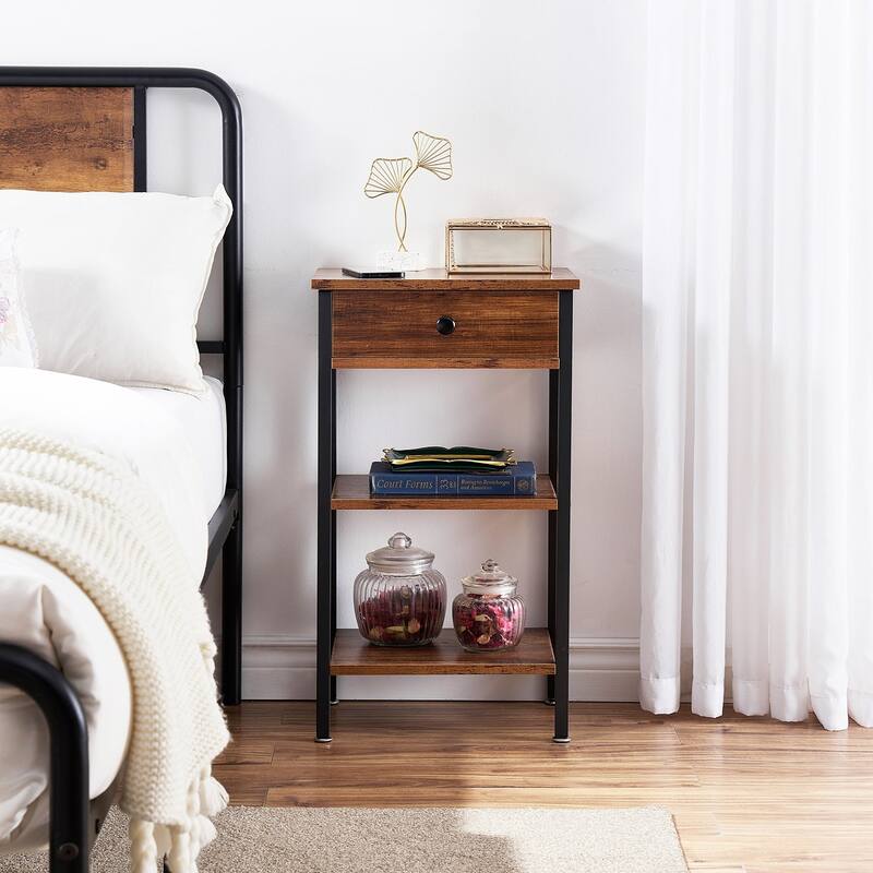 VECELO Modern Nightstand with Drawer & Open Shelves Slim Design for Small Spaces End Table with MDF & Rotating Floor Protectors