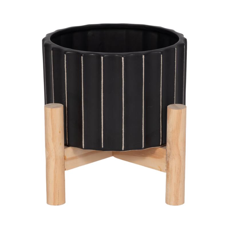 Ceramic Fluted Planter with Wood Stand - Black