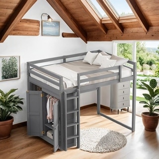 Multi-Functional Wood Full Size Loft Bed with Built-in Wardrobe and Storage Shelves, Led light, Maximized Space