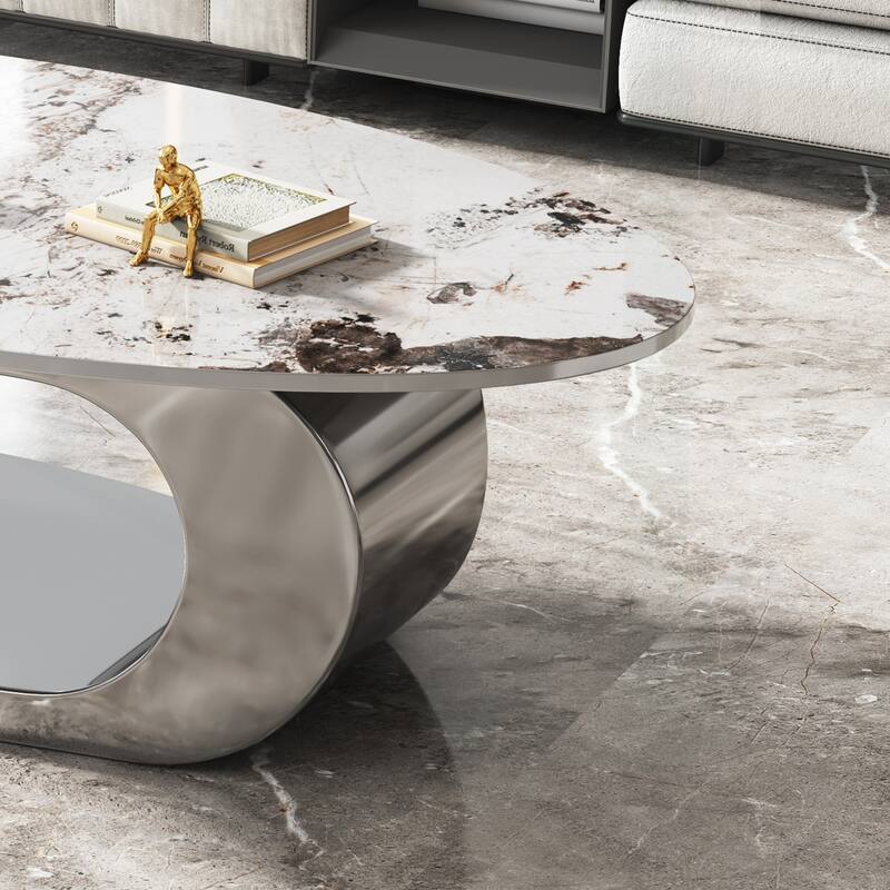 Exquisite Oval Faux Marble Coffee Table with Sturdy Stainless Steel Base for Living Room