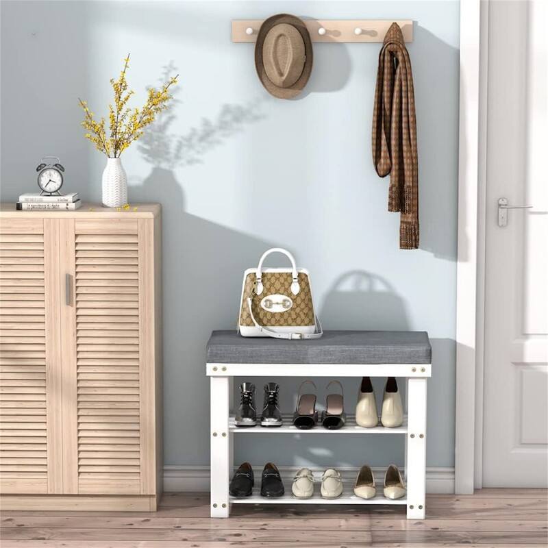 Shoe Rack for Entryway Bamboo Shoe Bench Seat with Cushion - 11.8"D x 28"W x 17.7"H