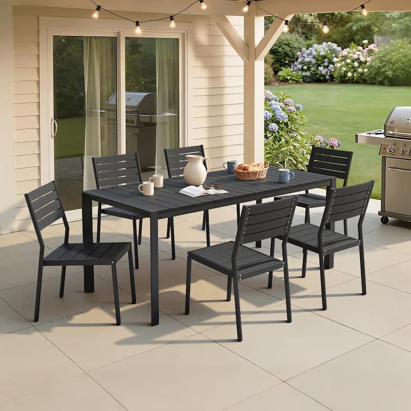 7/9/11-Piece Outdoor Patio Dining Set Aluminum Dining Table with Umbrella Hole and Stackable Dining Chairs - Black - Set of 7