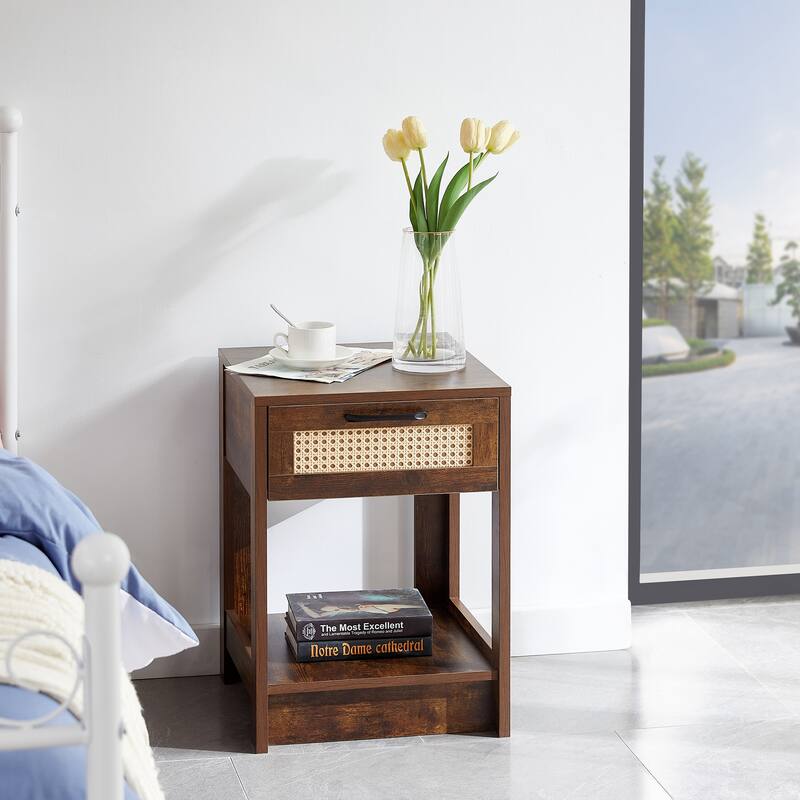 15.75" Rattan End Table With Drawer,Modern Nightstand,Side Table For Living Room,Bedroom,Rustic Brown