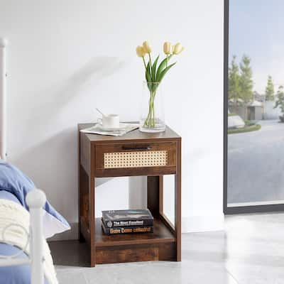 Modern Rattan End table/Side Table with 1 Drawer and 1 Open Shelf