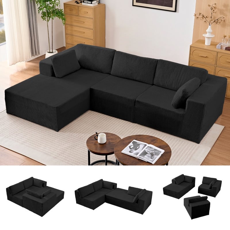 Mixoy 3-Pcs Free Combination Modular Sectional Sofas,Corduroy Compressed L-Shaped Sofa with Flexible Configuration - 3-Seater - Black - Reversible