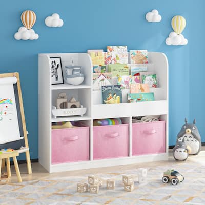 Kids Bookcase and Bookshelf, Multifunctional Bookcase with 3 Collapsible Fabric Drawers, Bookcase Display Stand